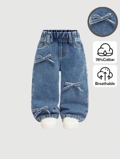 SHEIN Baby Girls Cute Bowknot Decor Blue Denim Wide Leg Pants,Girl Fall And Winter Clothes