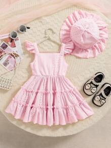 SHEIN 2 件套婴幼儿女孩可爱优雅纯粉色花卉条纹孔眼刺绣公主裙和太阳帽套装，适合度假、生日派对、拍照、春夏新品