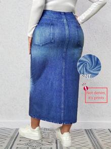 Falda casual larga de estilo midi para mujer con efecto de mezclilla y estampado de mariposas