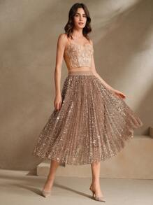 Anewsta Chân váy xếp ly dài cạp cao đính sequin kim loại thanh lịch, hiện đại cho lễ hội/đi chơi - Rỉ Nâu - Xem 7