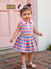 2 件女婴休闲针织彩色条纹花卉图案翻领无袖上衣和裙子套装