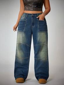 SHEIN ICON Quần jean ống đứng thêu rộng rãi, giặt thường ngày cỡ lớn phong cách cao bồi miền Tây mùa hè cho nữ - Rửa trung bình - Xem 5