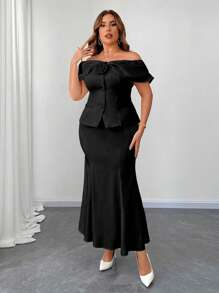 Franclia Plus Size Women 1-Shoulder Top With Floral Decor And Mermaid Hem Skirt 2 Pieces Set