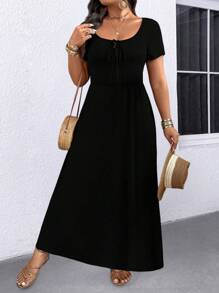 EMERY ROSE Plus Size Women Square Neck Tie Waist A-Line Casual Dress - Black - View 5