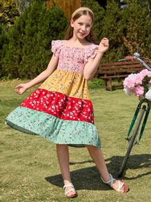 SHEIN Tween Girl Casual Ditsy Floral Peplum Ruffle Sleeve Dress - Multicolor - View 4