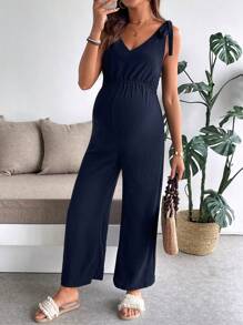 SHEIN 孕妇吊带连体裤，纯色简约时尚，适合夏季 - 藏蓝色 - 查看 5