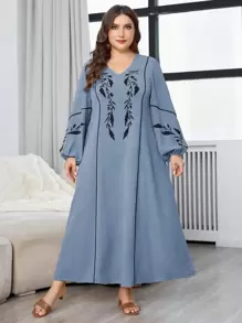Mulvari Plus Size Print Colorblock Loose Comfortable Casual Everyday Dress - Dusty Blue - View 4