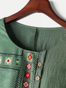 Rusticease Plus Size Round Neck Batwing Sleeve Front Button Geometric Pattern Vacation Linen Blouse Country Spring For Women Summer For Women - Multicolor - View 8