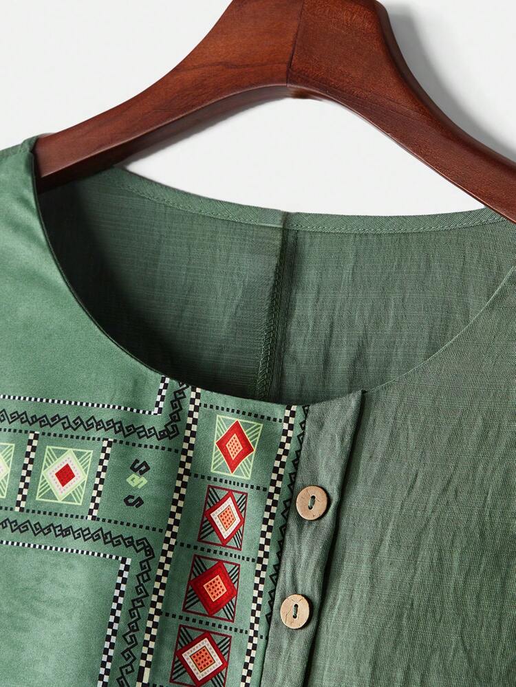 Blusa de Linho com Estampa Geométrica, Gola Redonda, Manga Morcego, Botões na Frente, Ideal para Férias, Primavera, Verão, Tamanhos Grandes para Mulheres