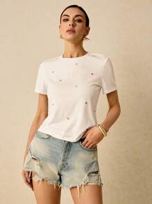 Poéselle Women Embroidery Heart Print Casual Daily Wear Short Sleeve T-Shirt,Summer T-Shirt Women T Shirts Cotton Tea Party Attire Embroidered Top T-Shirt Summer Tops - Multicolor - View 7