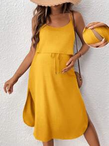 SHEIN Maternity Drawstring Casual Loose Layered Spaghetti Strap Solid Color Nursing Dress - Yellow - View 3