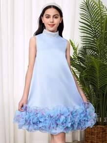 SHEIN 青少年女孩宽松休闲夸张荷叶边下摆水钻点缀立领 A 字形连衣裙 - 淺藍色 - 查看 7