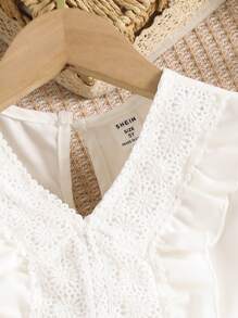 SHEIN 2pcs/Set Young Girls Puff Sleeve Hollow Lace Ruffle Solid Color Casual Waist Tie Pants Young Girls Clothing Young Girls Sets - Multicolor - View 5