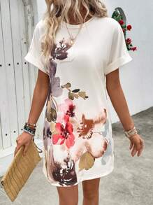 EMERY ROSE 2024年新款杏色墨花印花蝙蝠袖休閒優雅百搭圓領夏季連衣裙