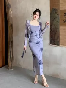 DAZY 2pcs Women Floral Print Mesh Long Sleeve Top And Dress Set, Minimalist