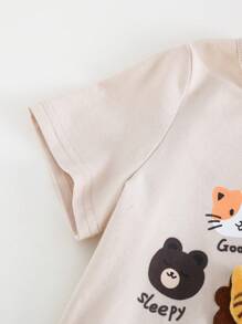 Cozy Pixies 2pcs/Set Baby Boy Cartoon Animal Print Knitted Soft Round Neck Short Sleeve Pullover Top And Elastic Waist Shorts