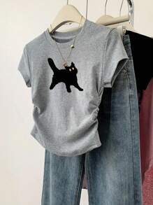 Tween Girls Casual Simple Cat Pattern Taille T-shirt, Veelzijdig