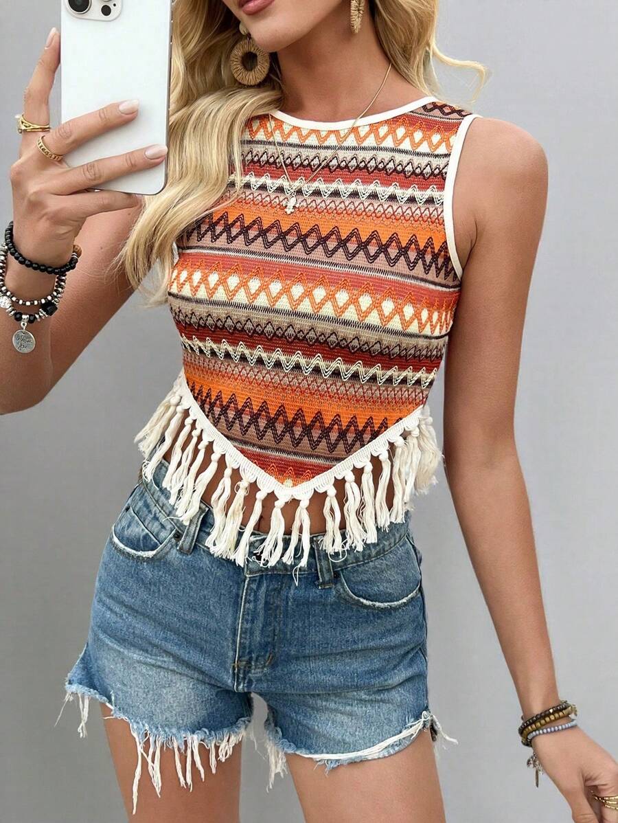 Breezaya Round Neck Asymmetrical Tassel Hemline Patchwork Women Tank Top - Orange - View 1