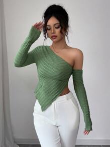 Elenzga Women Solid Color Off Shoulder Fitted Asymmetric Hem Long Sleeve Fuzzy Soft T-Shirt