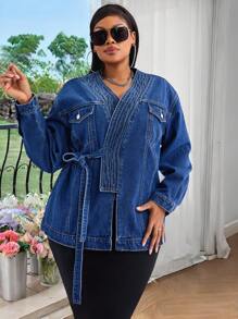 Chaqueta estilo kimono de mezclilla con cinturón, talla grande, estilo vintage