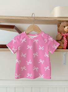 SHEIN 可爱甜美粉色蝴蝶结印花，年轻女孩休闲简约圆领短袖T恤，适合夏季 - 彩色 - 查看 2