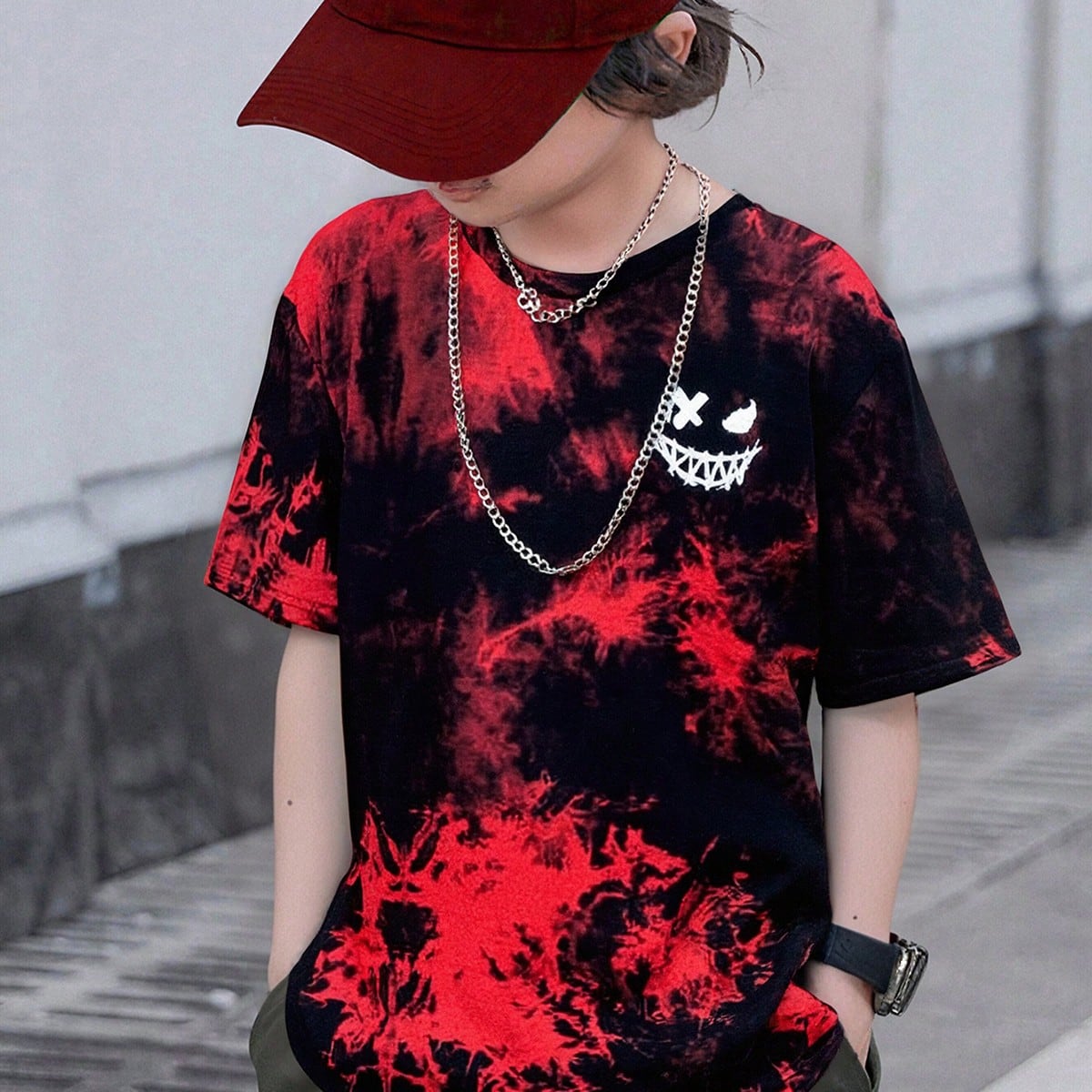 Camiseta de punto de manga corta con cuello redondo y estampado de tie-dye, estilo de vacaciones para niños preadolescentes
