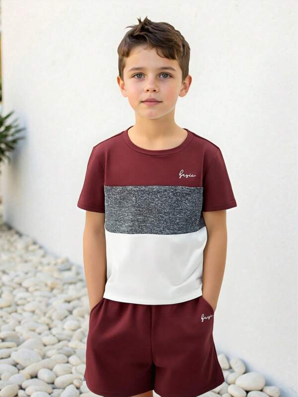 SHEIN Camiseta e shorts gráficos de letras color block para menino jovem
