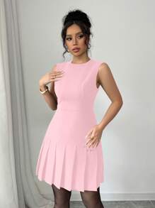 Elenzga 女士休闲无袖优雅纯色荷叶边下摆修身迷你连衣裙，适合生日、泡泡/圣诞派对、除夕、节日 - 黃色 - 查看 4