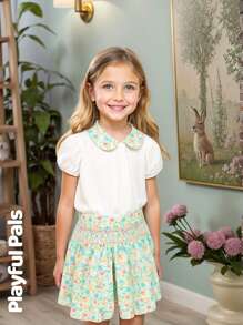 Playful Pals 2 件套年轻女孩碎花优雅甜美法式拼色泡泡袖上衣和高腰 A 字短裙套装 - 彩色 - 查看 3