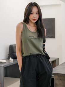 DAZY Slogan Graphic Tank Top YOUNG AT AGE OLD SCHOOL Summer - Army Green - View 3