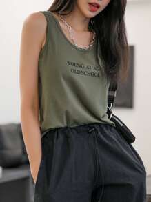 DAZY Slogan Graphic Tank Top YOUNG AT AGE OLD SCHOOL Summer - Army Green - View 5