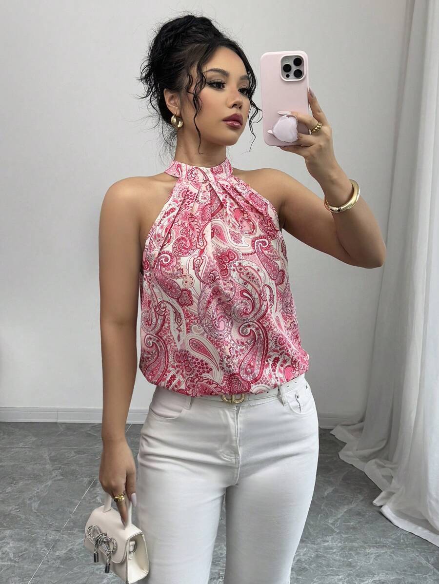 Breezaya 女士休闲印花挂脖式衬衫，非常适合度假