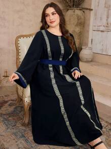 Al Najma Women Round Neck Bell Sleeve Patchwork Casual Loose Plus Size Arabic Long Dress - Black - View 5