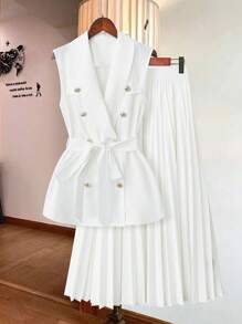SHEIN Clasi Conjunto traje de chaleco de doble botonadura unicolor y falda plisada para mujer