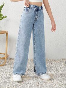 SHEIN بنطلون جينز واسع الساق مع خصر غير متماثل وهيم مشقوق من الحرير الطبيعي المغسول للفتيات المراهقات في موسم الربيع والصيف، ملابس صيفية للفتيات