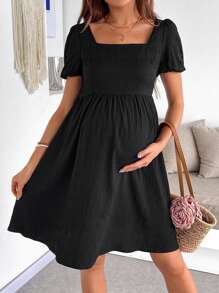 SHEIN Maternity Square Neck Ruched Puff Sleeve Casual Dress - Black - View 1