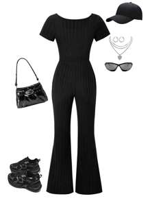 Girls Big Tween Girl' Knitting Wide Stripes Short Sleeve Flare Pants Jumpsuit, Spring/Summer