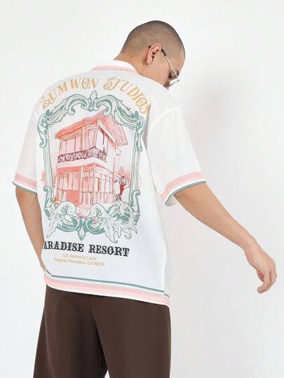  Sumwon Studios Paradise Resort Button-Up Bowling Shirt Retro Vacation Summer Beach Print Short Sleeve Loose Fit Streetwear California Lifestyle