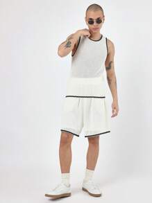 SUMWON Setelan Tank Top Rajut Bertekstur Premium untuk Musim Panas, Pakaian Olahraga Santai, Dua Potong Tanpa Lengan untuk Latihan Basket, Setelan Jala dengan Trim Kontras, Pakaian Olahraga Urban Modern - Krem - View 1