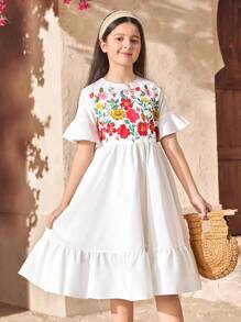SHEIN Tween Girls Casual Vacation Embroidered Ruched Flared Sleeve A-Line Woven Solid Color Dress - White - View 3