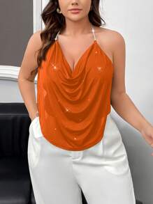 Firerie Plus Size Women Elegant Glitter Layered Ruffle Draped Neck Rhinestone Chain Strap Party, Wedding, Ball Cami Top, Suitable For Spring/Summer