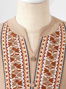 Young Girl Plant Print V-Neck Lantern Sleeve Ruffle Hem A-Line Dress - Apricot - View 6