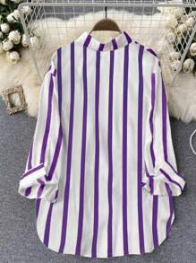 INAWLY Women's Casual Striped Long Sleeve Pocket Blouse, Spring/Fall Women Shirt - Purple - View 2