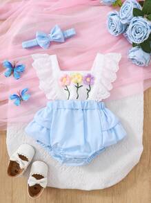 SHEIN Conjunto de 2 piezas de body con diadema para bebé niña, de nueva llegada para primavera-verano, con diseño floral hueco bordado en contraste de color blanco y azul, apropiado para uso diario y vacaciones de primavera-verano - Azul - Ver 8