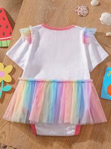 CoComelon X SHEIN Baby Girl Watermelon Print Colorful Contrast Mesh White Cute Cartoon Bodysuit - White - View 2