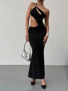 Aloruh 1pc Women's Solid Color Sleeveless Halter Backless Mermaid Dress