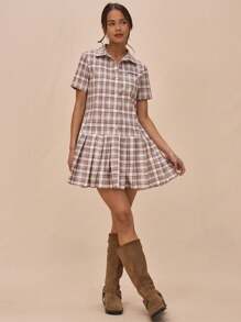 MUSERA 翻领纽扣直筒修身低腰格纹短袖连衣裙夏日冬日晚装 - 彩色 - 查看 5