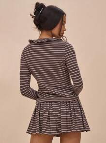 MUSERA Soft Touch Frill Trim Longline Tie Up Striped Cardigan For Springs Summer 90s - Brown - View 4