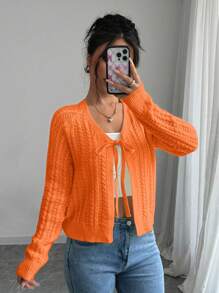 Chiquease Französischer lässiger vielseitiger Weizenähren-strukturierter Vorder-Schleife Cardigan mit Langarm Strickpullover für Frauen