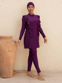 Swim Mulvari Women 3Pcs Modest Swimsuit Set: High Neck Long Sleeve Ruffled Hem Long Pants With Swimcap, Purple Clothes Burkinis Set - Purple - View 4